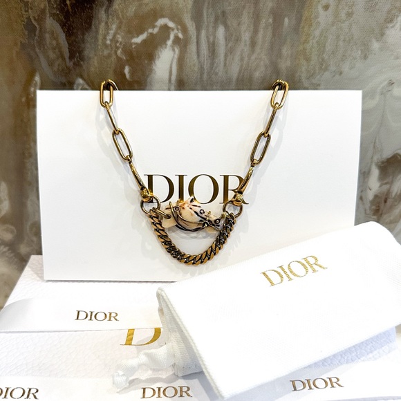 Christian DIOR Diorodeo Horse Chain Antiqued Gold Collar Necklace - Picture 9 of 9